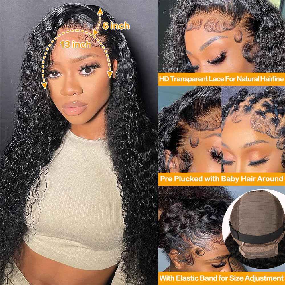 13x6 Deep Wave Lace Front Wigs - 200% Density HD Transparent Frontal Wigs - Glueless, Pre-Plucked with Baby Hair - Natural Black (30Inch)