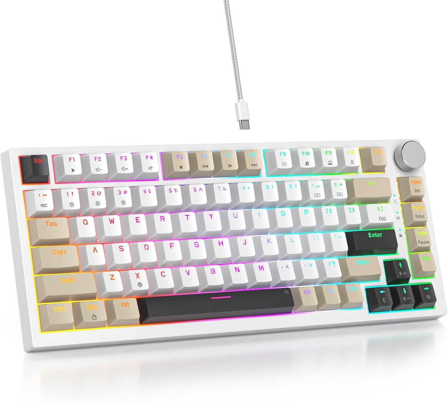 75 Percent Keyboard Gasket-Mounted with Sound Absorbing Pads, 82-Key Compact Wired RGB Mechanical Gaming Keyboard Hot-Swap Socket for Win, Gray White