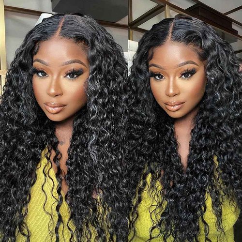 YYAD 13x4 Deep Curly Glueless Wigs Human Hair Deep Wave Lace Frontal Wet and Wavy Wig 24 Inches 180 Density Water Wave Lace Front Wigs Human Hair Pre Plucked with Baby Hair Natural Black 1B