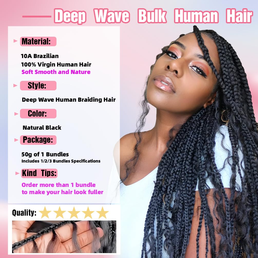 Human Braiding Hair, 3 Bundle 150g 20 Inch Boho Braids Human Hair 10A Deep Wave Bulk Brazilian Virgin No Weft Wavy Hair Extensions for Boho Bohemian Micro Braid Bulk for Braiding Natural Black
