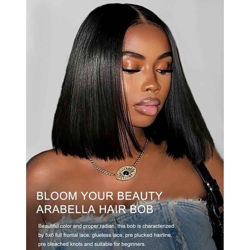 Arabella Hair 5x6 Bob Wig Human Hair Ready to Go Glueless Wigs Human hair 12A Straight Glueless Bob Wig Pre Cut Lace Pre Plucked Bleached Tiny Knots 12inch