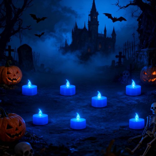 KOABY 12 Pack Blue Light Non-Flickering Flameless Tea Lights, Blue Base, Last 100H+, Battery Operated Tea Lights for Decor