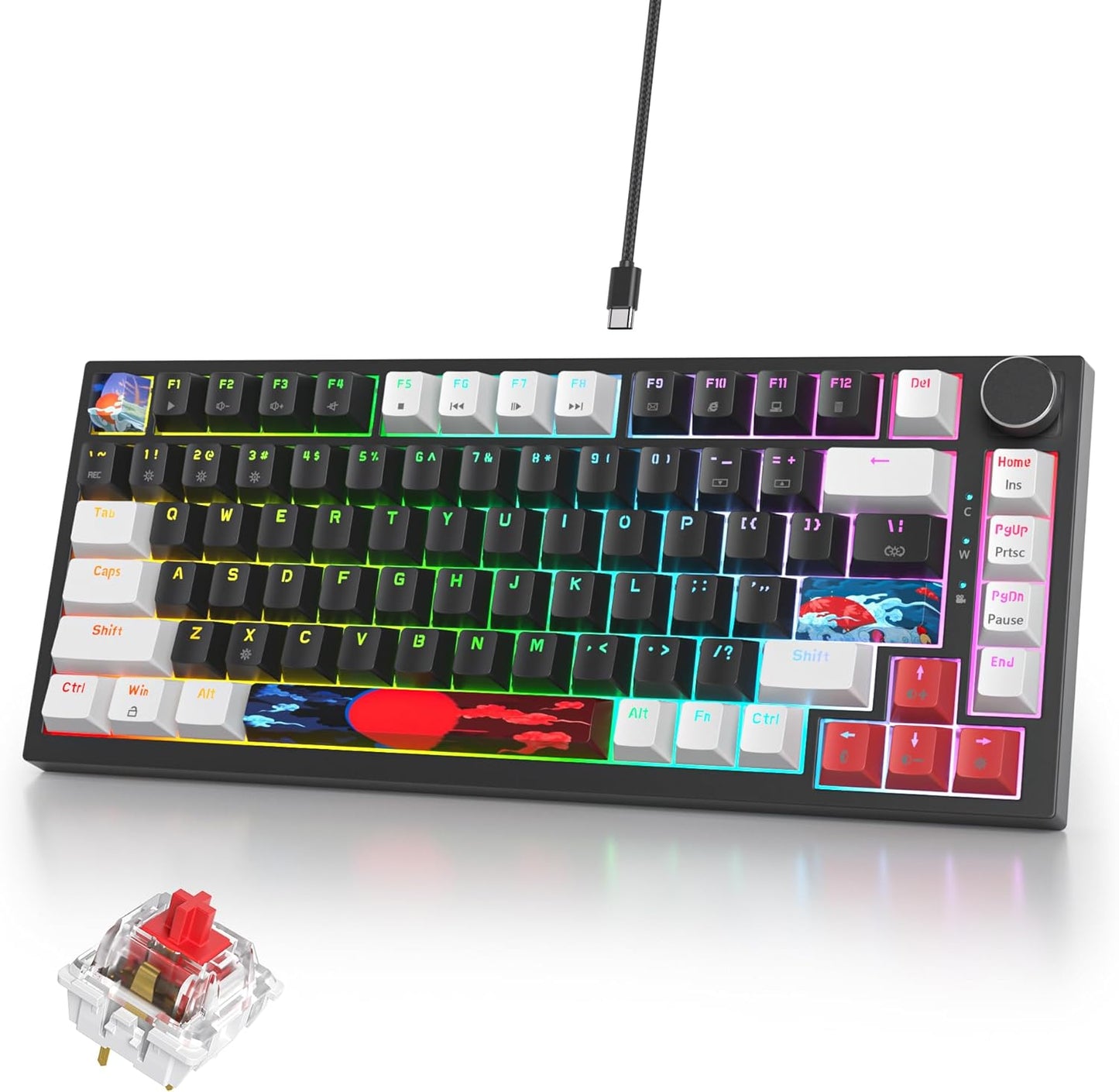 75% Mechanical Gaming Keyboard with Volumn Knob, Gasket Hot Swappable RGB, Wired, Red Switch, 82 Keys Compact Creamy (Black Grey)