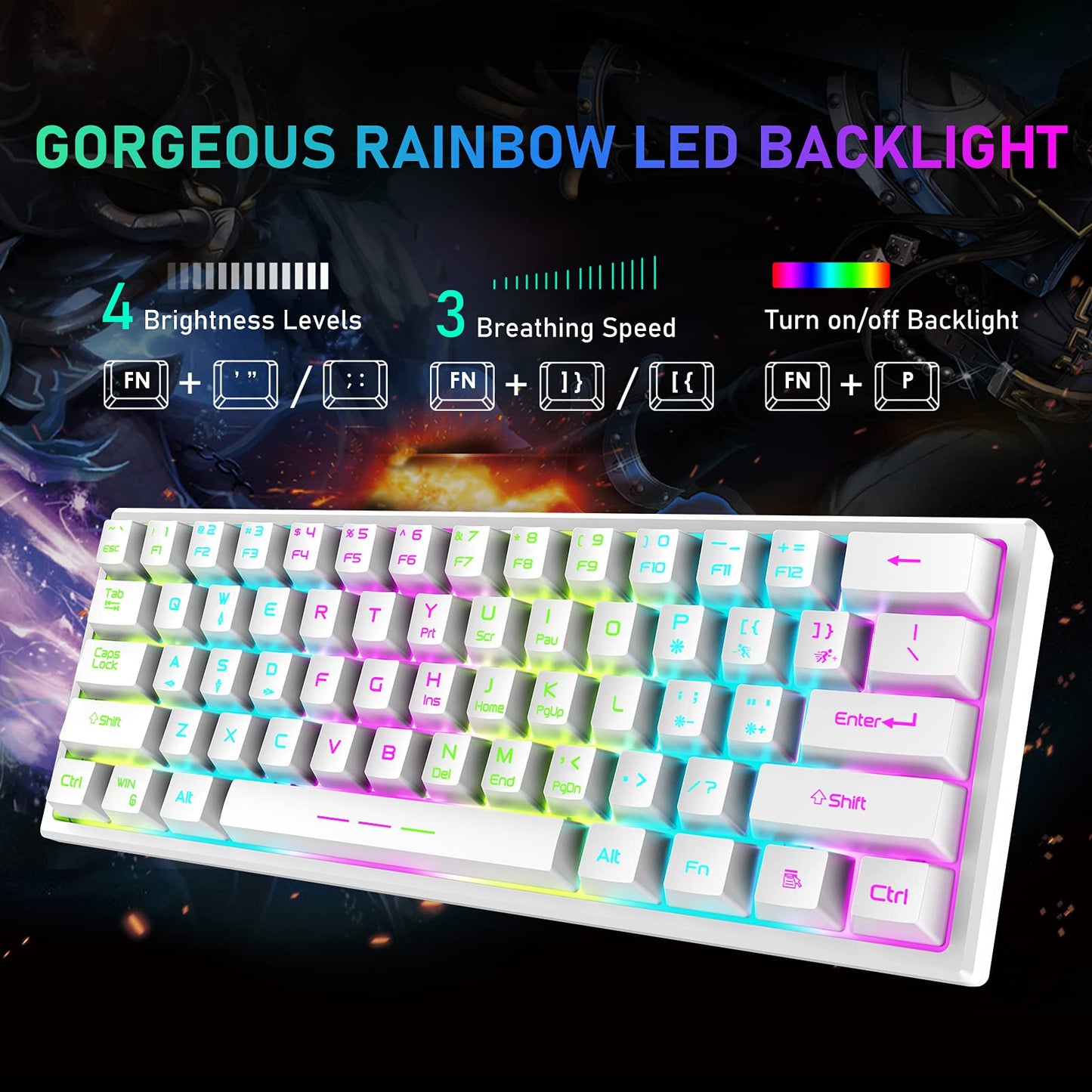 ZIYOU LANG T61 Wireless Gaming Keyboard and Mouse Combo with Ergonomic 61 Key Rainbow LED Backlight Anti-ghosting Mechanical Feel Rechargeable 4000mAh Battery Mouse Pad for PC MAC Gamer Typists(White)