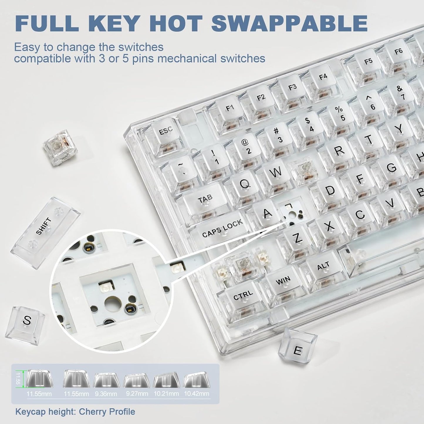 YUNZII X75 82 Key Hot Swappable Mechanical Keyboard with Transparent Keycaps, 75% Layout Gasket Mount RGB Backlit for Windows/Mac(Crystal White Switch, Wired -White)