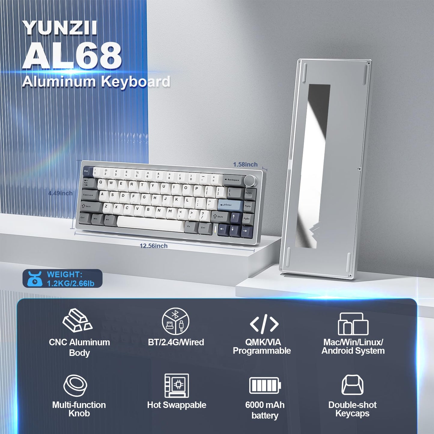 YUNZII AL68 Wireless Mechanical Keyboard,Full Aluminum CNC,60% Layout with Knob, QMK/VIA Software,Gasket Mounted,Hot Swappable,RGB Backlit,BT/2.4G/USB-C for Mac/Win (Silver, Cocoa Cream V2)