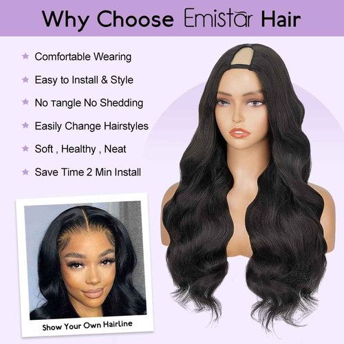 Long Wavy V Part Wigs For Black Women, Wear&Go Upgrade U Part Wig, Glueless Half Wig Heat Resistant Synthetic Hair Soft As Human Hair (24 Inch) (Natural Black, 24 Inch)