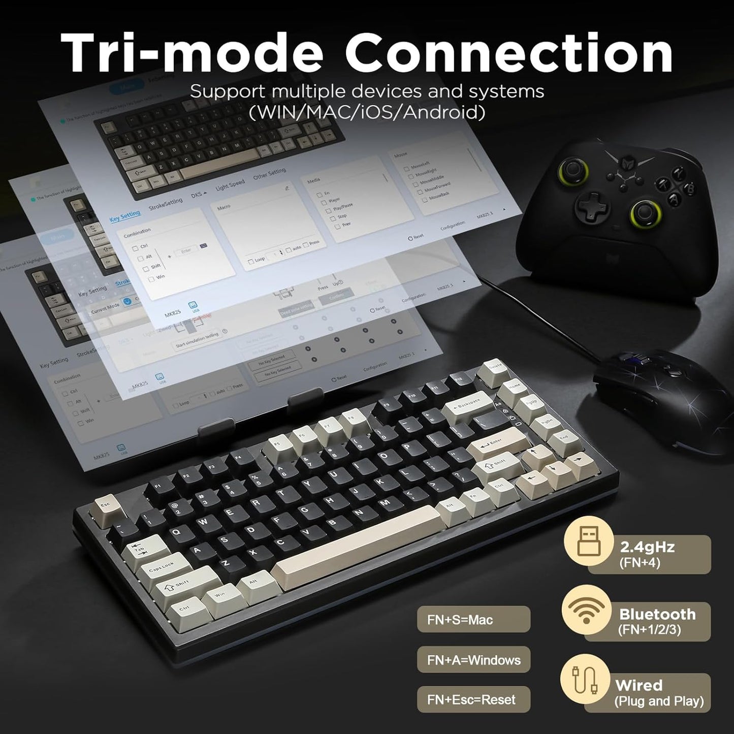YUNZII RT80 Rapid Trigger Hall Effect Magnetic Gaming Keyboard, 8K Polling Rate, 75% Layout,BT/2.4GHz/Wired,RGB Backlit,Hot Swap,Adjustable Actuation Wireless for Win/Mac(Black, Gateron White)