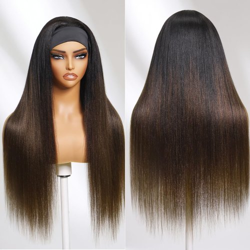 YIROO Headband Human Hair Wig Ombre Brown Yaki Straight Glueless Put on and Go Wigs with Dark Roots Drawstring Chestnut Brown 12A Highlight No Lace No Glue 30S Ready to Wear Headband Wigs 18Inch