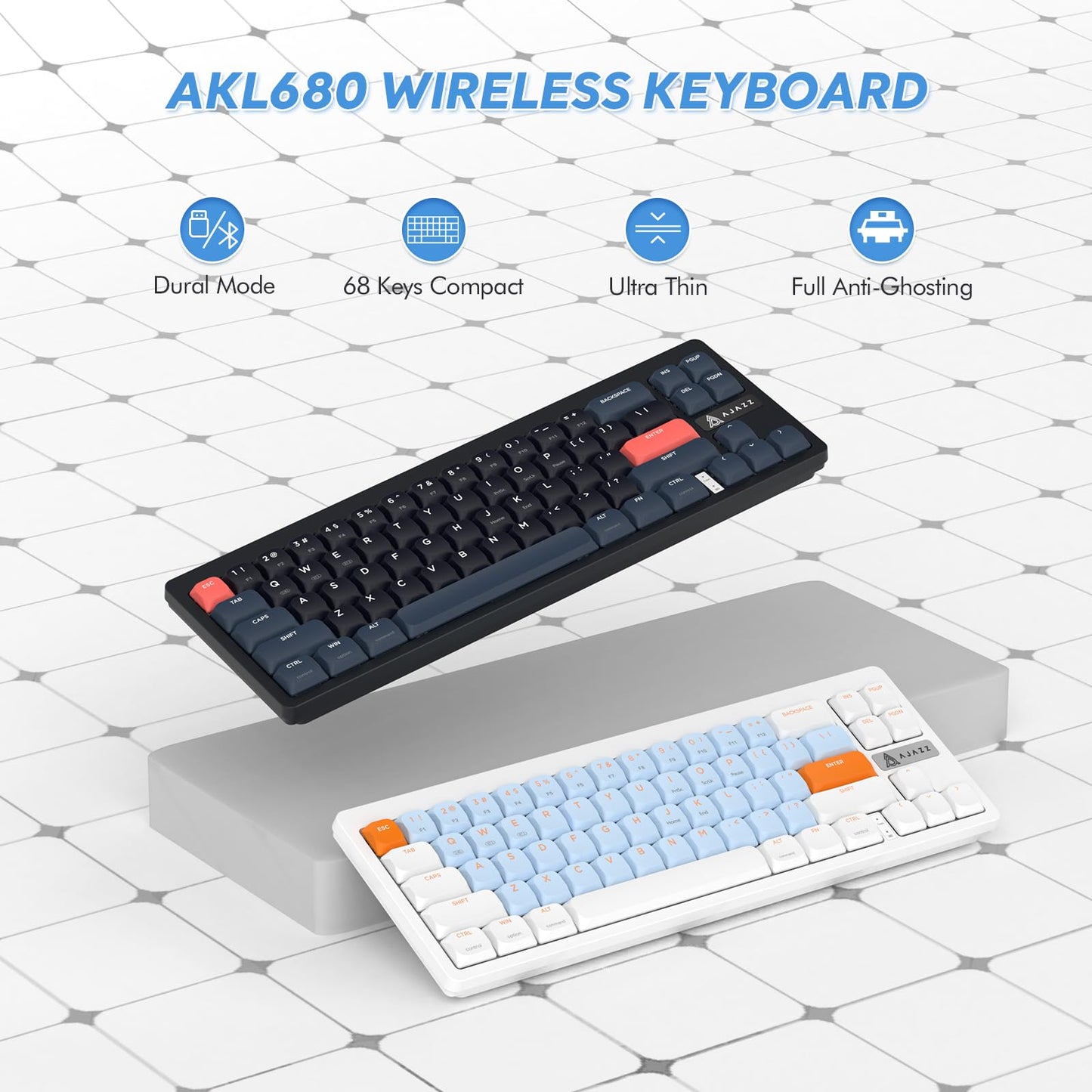 A.JAZZ AKL680 65% Low Profile Wireless Mechanical Keyboard, BT/2.4Ghz Dual Mode 68 Keys Gaming Keyboard with Ultra-Thin Blue Switches for PC/Laptop/Windows/Mac(Blue/Black)