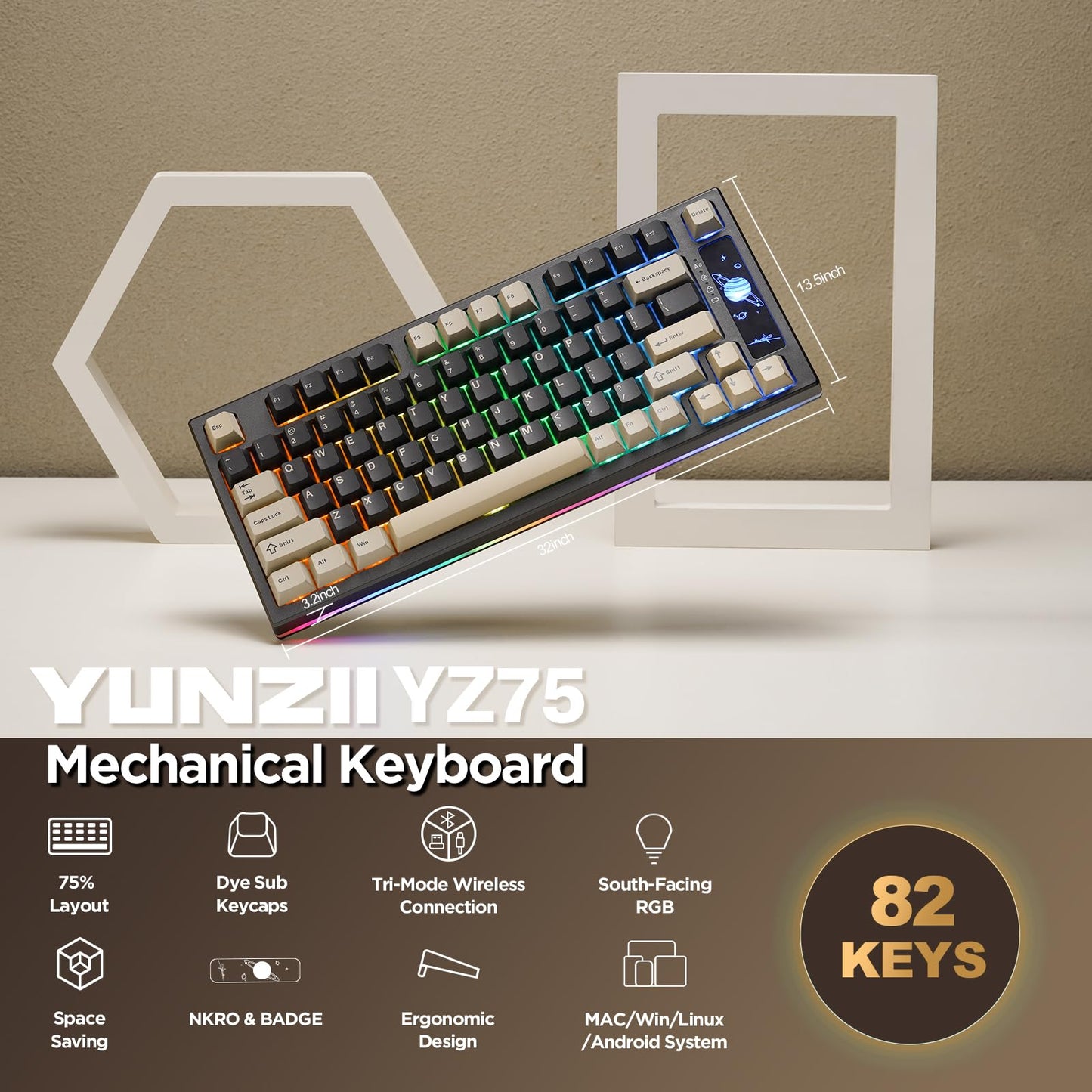 YUNZII YZ75 75% Hot Swappable Wireless Gaming Mechanical Keyboard, RGB Backlights, BT5.0/2.4G/USB-C, Dye Sub PBT Keycaps for Linux/Win/Mac(Gateron G Pro Yellow, Black)