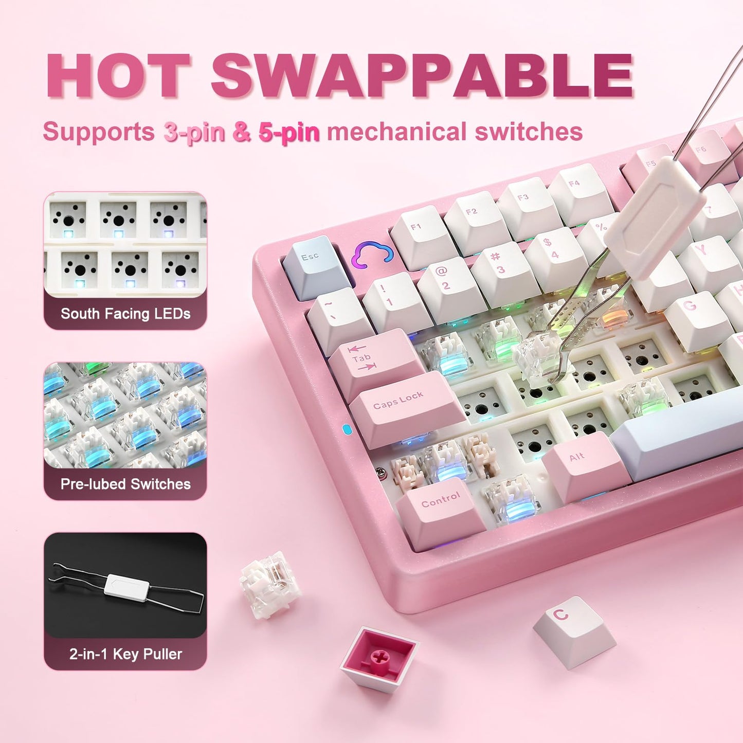 YUNZII AL98 QMK/VIA Wireless Mechanical Gaming Keyboard,Full Aluminum,BT/2.4G/USB-C, Pre-Lubed Hot Swappable Gasket Mount 1800 Layout,RGB Backlit for Win/Mac (Pink, Milk Switch)