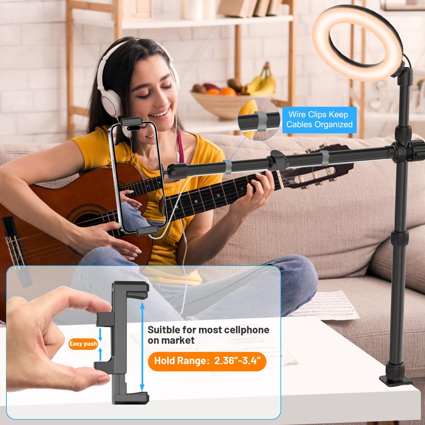 Ailight Camera Desk Mount Stand Overhead, Adjustable Microphone Boom Arm Mic Stand with Phone Holder, Camera Arm Clamp 5/8'' 3/8'' 1/4'' Screws for Shure, Blue Yeti, Rode, Elgato, Fifine, HyperX