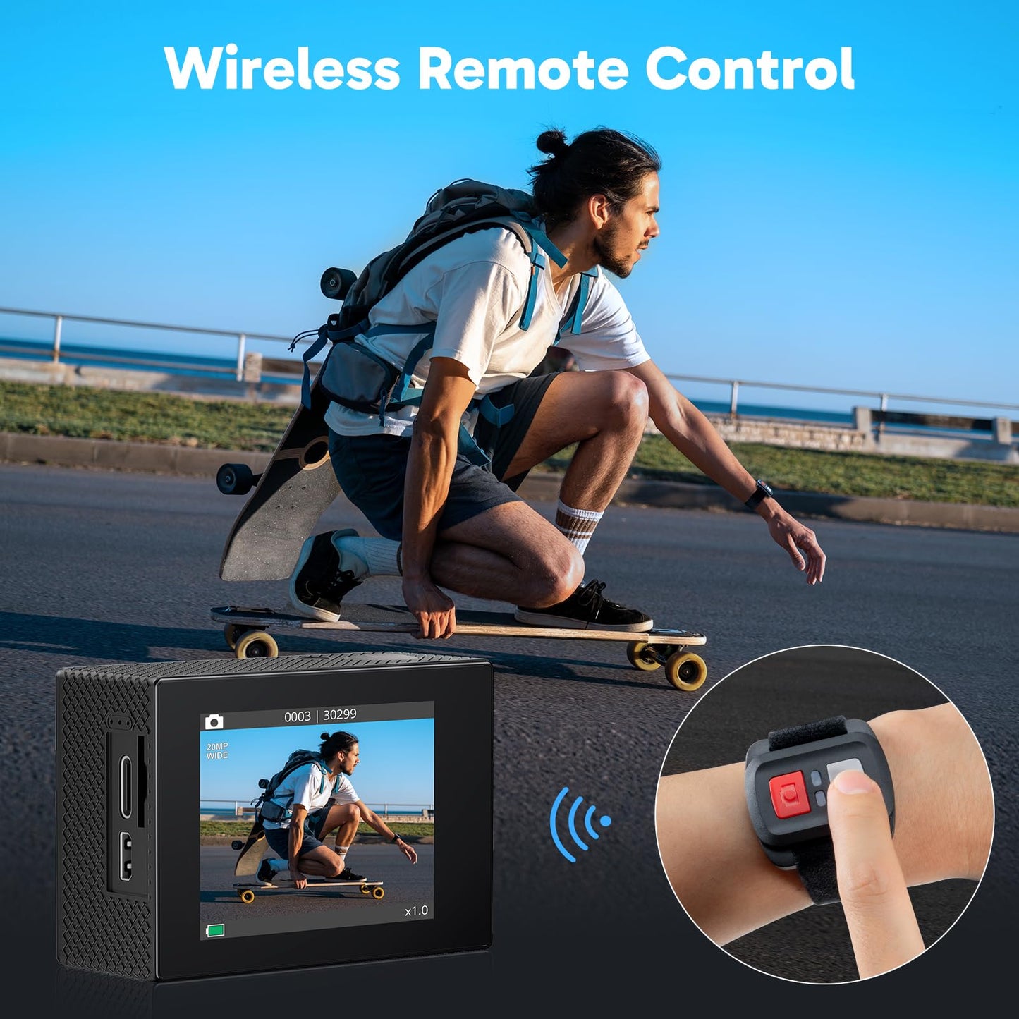 AKASO EK7000 4K30fps Action Camera with 64GB MicroSDXC U3 Memory Card Accessories Kit Bundle Ultra HD 131FT Waterproof Underwater Camera EIS WiFi Remote Control 4X Zoom, Black