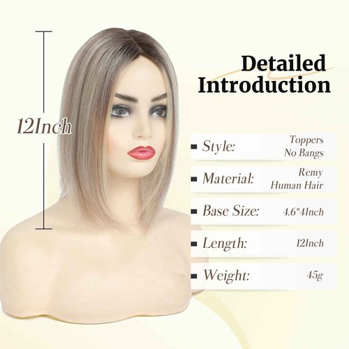 Hair Toppers for Women Real Human Hair 12 Inch Upgrade Mono Base 4.6x4 Inch Human Toppers for Women with Thinning No Bangs for Add Volume(Ombre Light Brown with Blond Highlight)