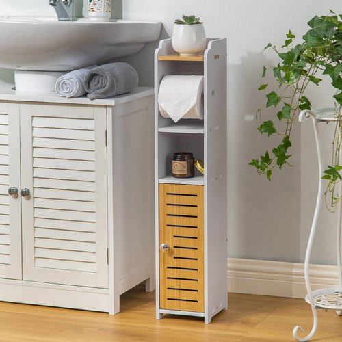 AOJEZOR Toilet Paper Holder Stand: Small Bathroom Storage Cabinet- White&Bamboo