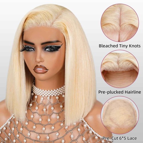 SUPERLOOK 6×5 Blonde 613 Bob Wig Human Hair Wear and Go Glueless Wigs Pre Cut 210% Density 613 Lace Front Wig Human Hair 613 Closure Bob Wig Real Pre Bleached Tiny Knots(12inch,613 Glueless bob)