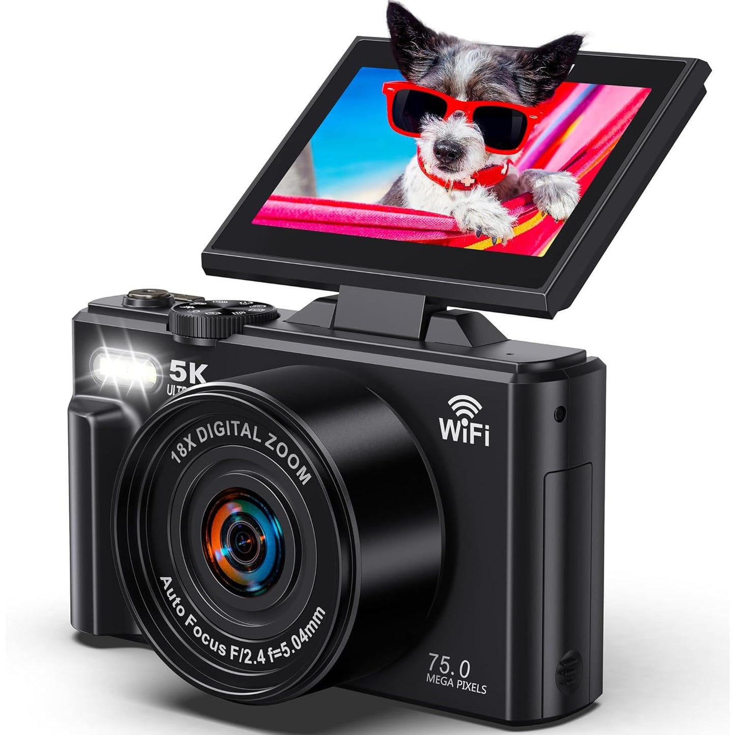 5K Digital Camera for Photography - WiFi 75MP Vlogging Cameras for YouTube - UHD Autofocus Video Camera 3" 180° Flip Screen with 18X Zoom - Compact Vlog Travel Camara with 32GB SD Card, 2 Batteries