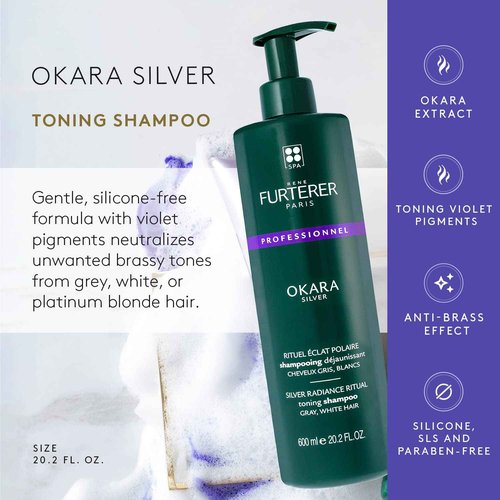 Rene Furterer OKARA SILVER Toning Shampoo, Purple Shampoo for Blonde, White, Grey, Silver, Pastel Hair, Pump, 20.2 oz.