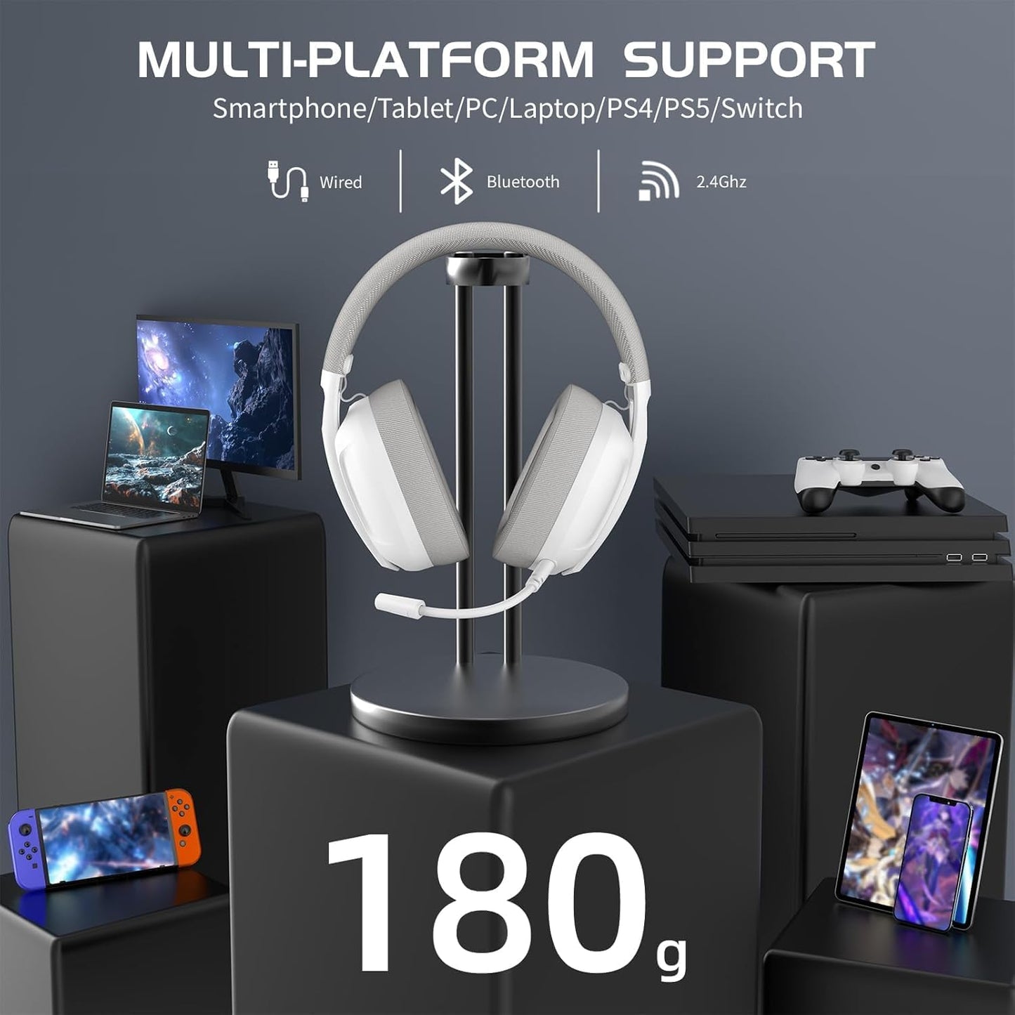 ZIYOU LANG L80 Wireless Gaming Headset Ultralight Over Ear with 2.4Ghz USB C&A Dongle/Bluetooth 5.3/3.5mm Wired Detachable Mic Stereo Sound 600mAh Battery for PC Mac PS4 PS5 Switch Win Gamer(White)