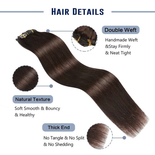 Sunya Real Human Hair Clip in Extensions - Dark Brown, Double Weft, Straight, 20 Inch #2, 8 Pcs/120g