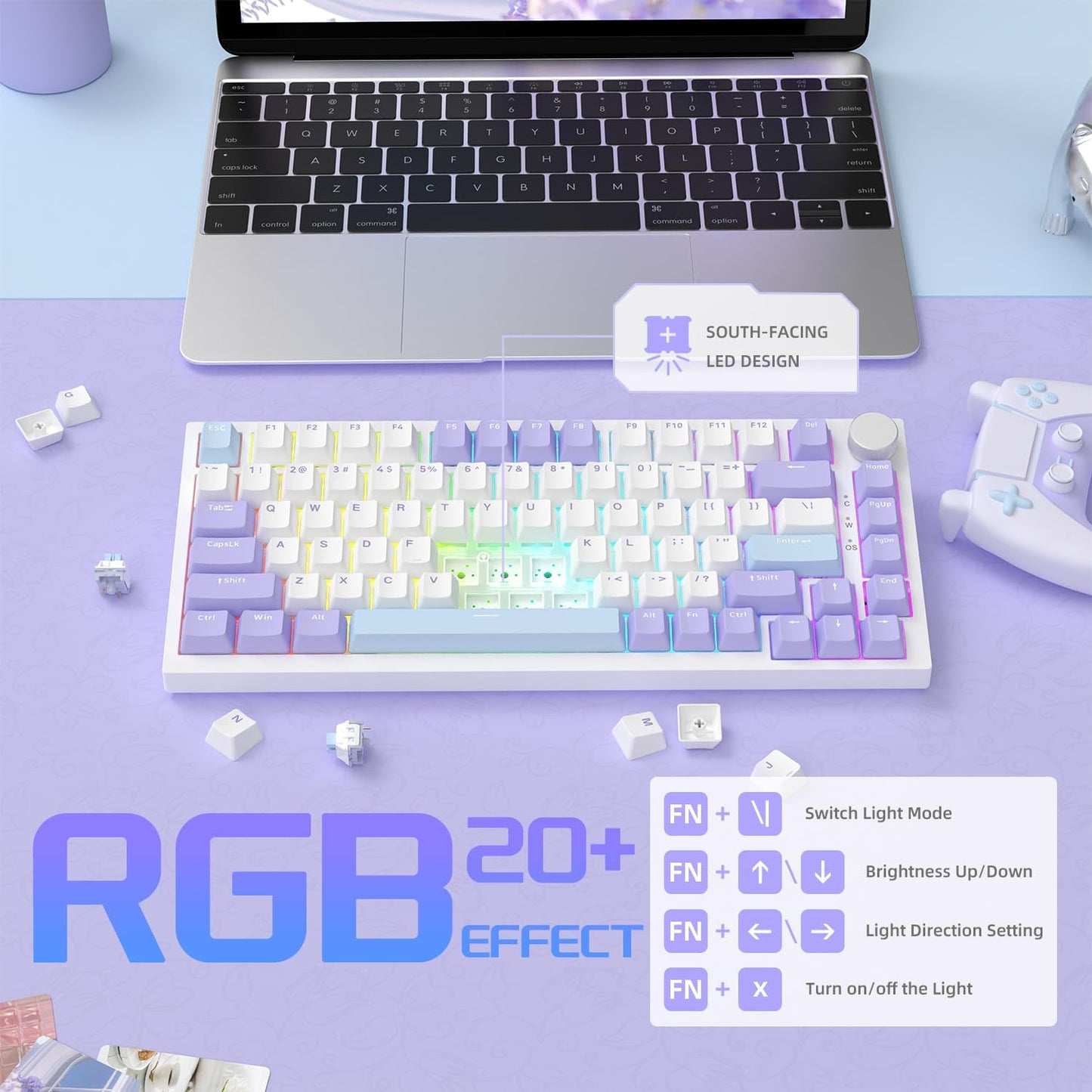 Attack Shark ajazz AK820 Wired Mechanical Gaming Keyboard with Volume Knob Hot Swappable 75% Gasket Keyboard 5-Layer Noise Absorbing Foam PBT Keycap Ice Blue Backlit Blue Switch for PC/Win/Mac-White