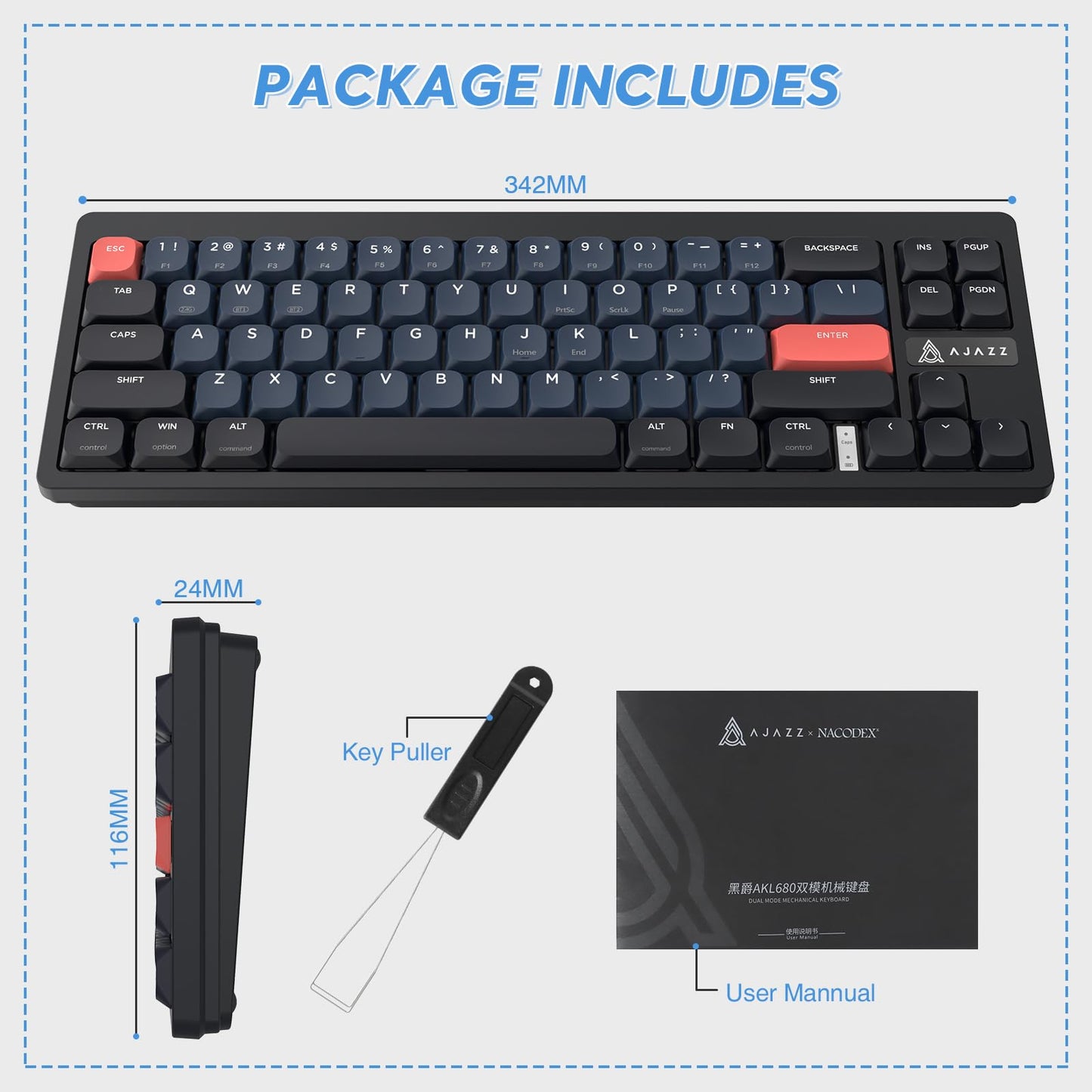 A.JAZZ AKL680 65% Low Profile Wireless Mechanical Keyboard, BT/2.4Ghz Dual Mode 68 Keys Gaming Keyboard with Ultra-Thin Red Switches for PC/Laptop/Windows/Mac(Black/Blue)