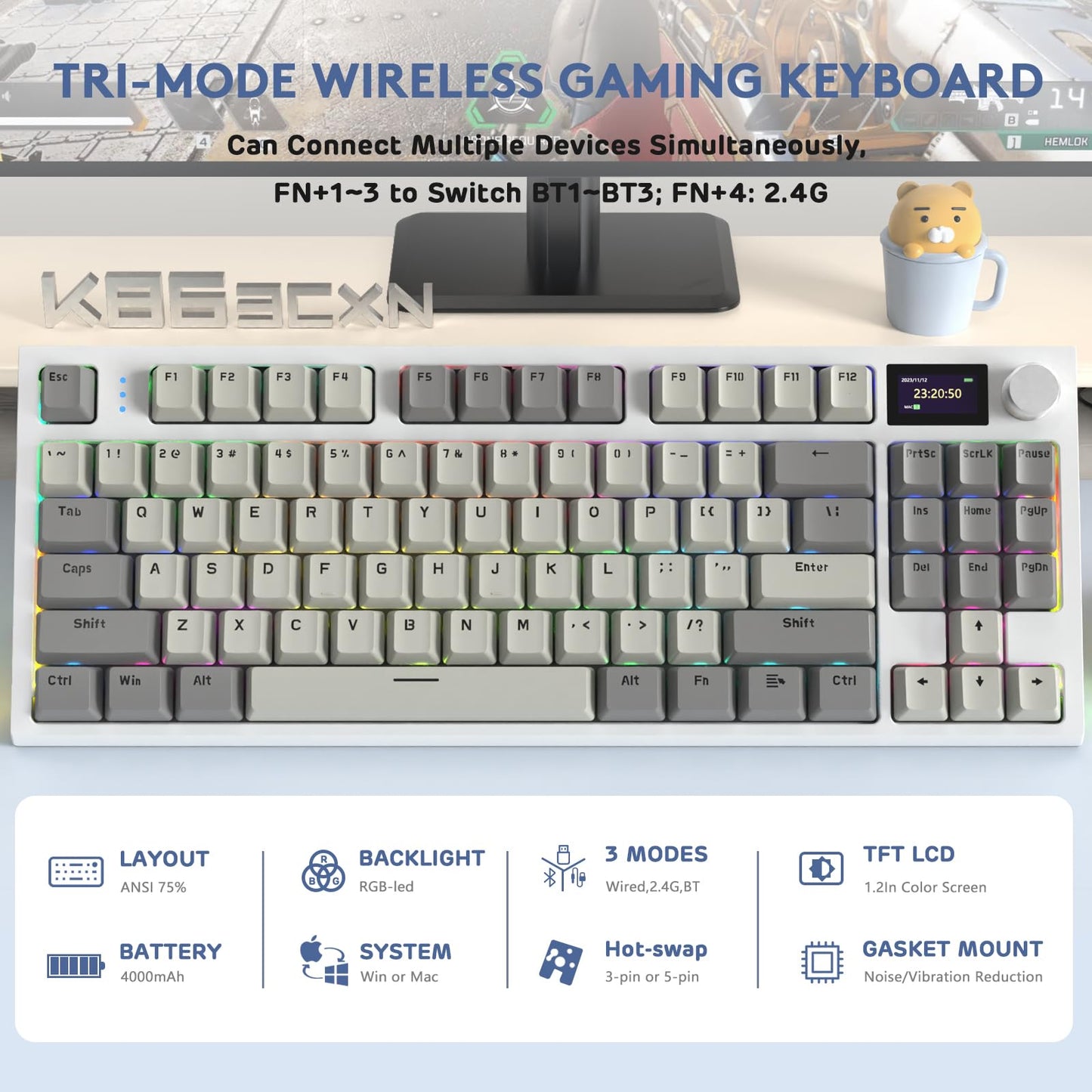 RK86 RGB 75% Wireless Gasket Mechanical Keyboard,Triple Mode Bluetooth5.0/2.4G/USB-C 82 Keys Hot Swappable Gaming Keyboard 4000 mAH Battery w/Knob & 1.2'' HD OLED Display,Custom Linear Switches