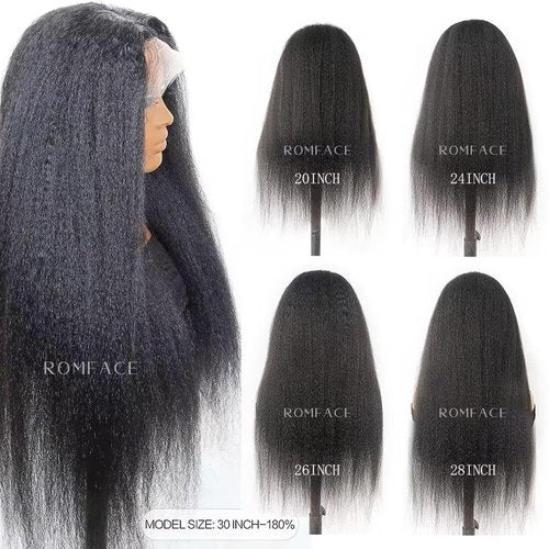13X4 Lace Front Wig With Curly Edges Hairline 180% Density Kinky Straight Human Hair Wigs for Black Women Yaki Straight HD Lace Wig with Curly Baby Hair Glueless Wigs for Women Natural Black 18 Inch