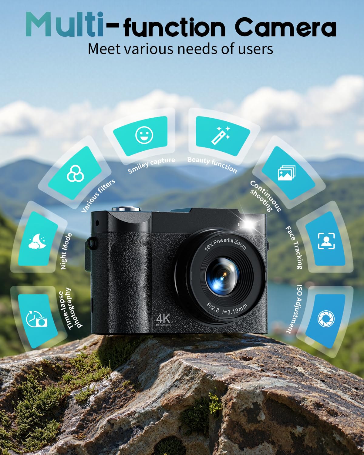 4K Digital Camera for Photography, 50MP Vlogging Camera for YouTube, Compact Cameras with 2.8" 180° Flip Screen, 16X Digital Zoom, Point and Shoot Camera with 32GB SD for Beginners, Travel, Family