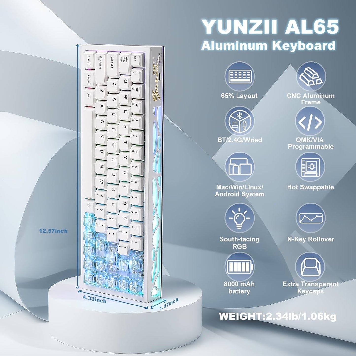 YUNZII AL65 Wireless Mechanical Keyboard, Full Aluminum CNC,Support QMK/VIA Software Gasket Structure,60% Hot Swappable with RGB Backlit BT/2.4G/USB-C for Mac/Windows(Black, Milk V2)