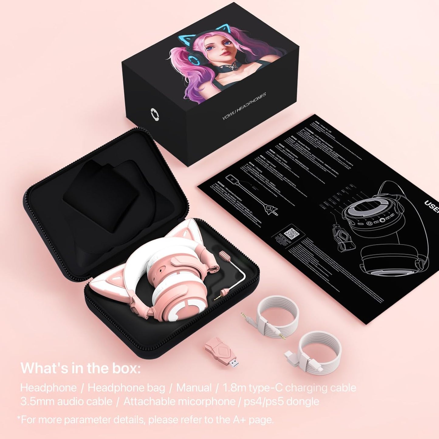 YOWU RGB Cat Ear Headphone 4, Upgraded Wireless & Wired Gaming Headset with Attachable HD Microphone -Active Noise Reduction, Dual-Channel Stereo & Customizable Lighting and Effect via APP (Pink)