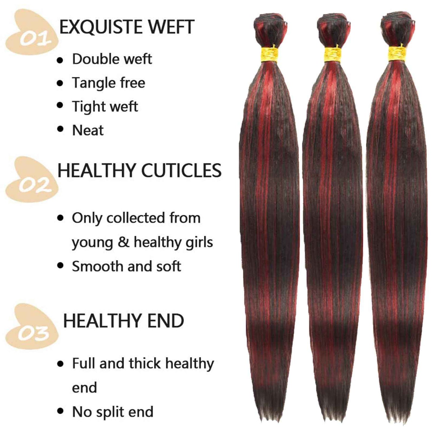 Habiliana Bundles Human Hair 24 26 28 Inch Straight Burgundy T1B/99J Human Hair Bundles 11A Unprocessed Brazilian Virgin Quick Weave Hair Extensions for Black Women