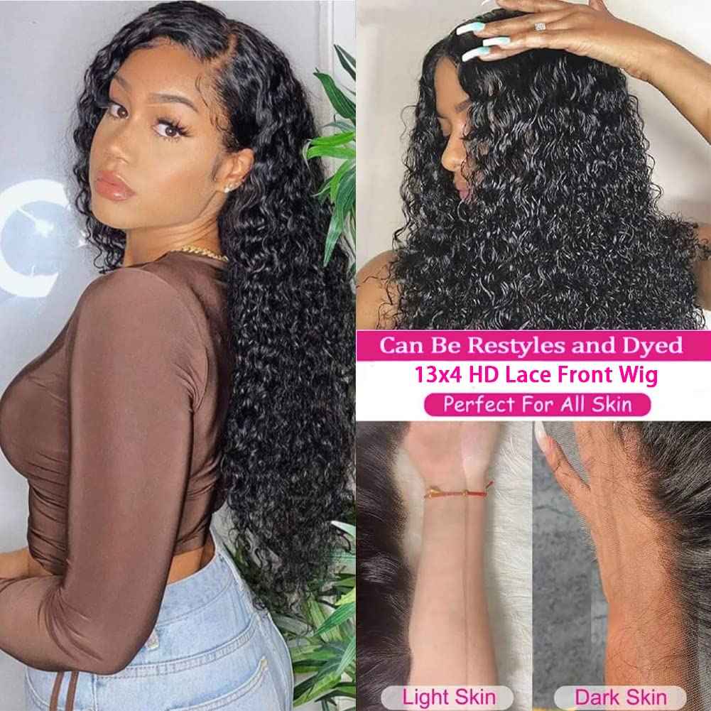 generousies Water Wave Lace Front Wigs Human Hair Wigs for Women 24 Inch 13x4 HD Lace Frontal Wigs Human Hair Pre Plucked 180% Density Wet and Wavy Curly Lace Front Wigs Natural Color