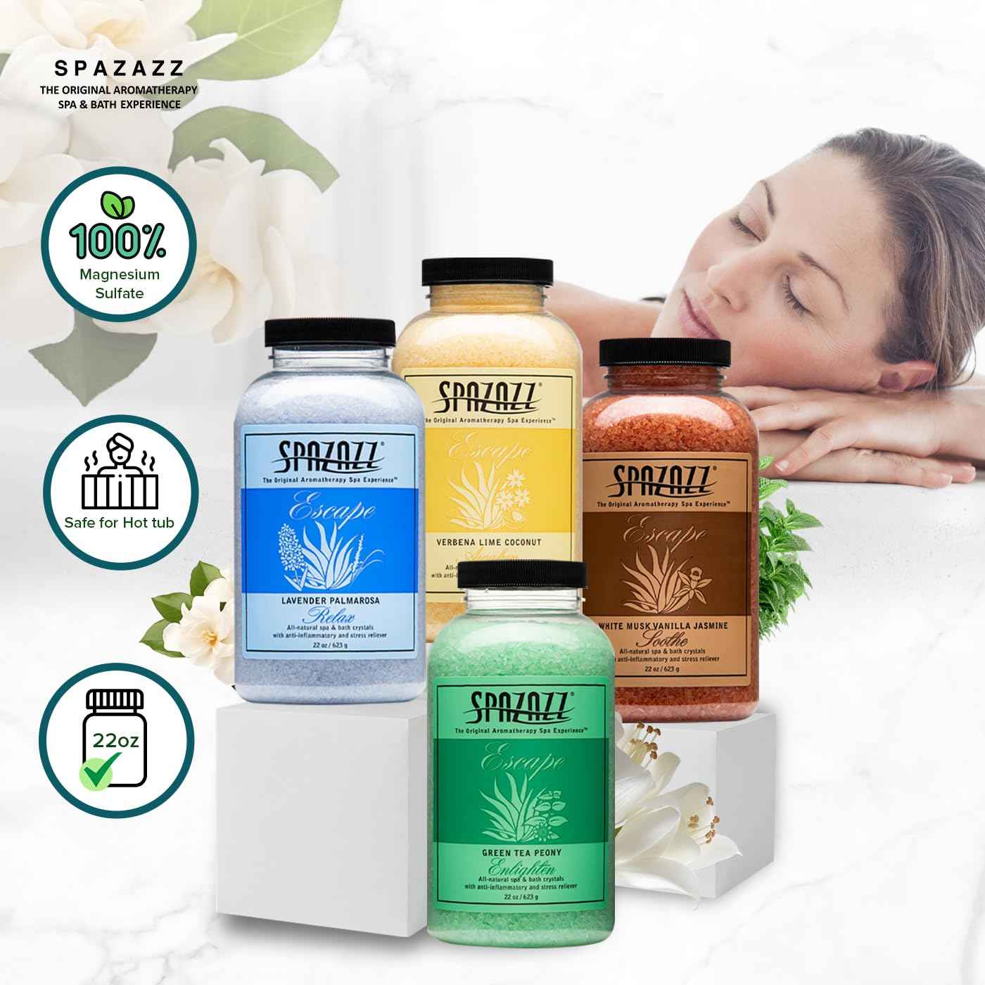 Hot Tub & Spa Bath Salt Aromatherapy Crystals Gift Set - Spazazz Escape Collection Bundle 4-Pack (22oz Each) - Lavender Palmarosa, Verbena Lime Coconut, Green Tea Peony, White Musk Vanilla Jasmine
