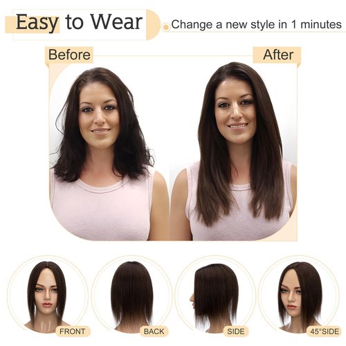 SEGO Hair Toppers for Women Human Hair With Thinning Hair, 7 * 13CM Silk Base 100% Real Human Hair Clip in Top Wiglet Hairpieces -10 Inch No Bangs Dark Brown