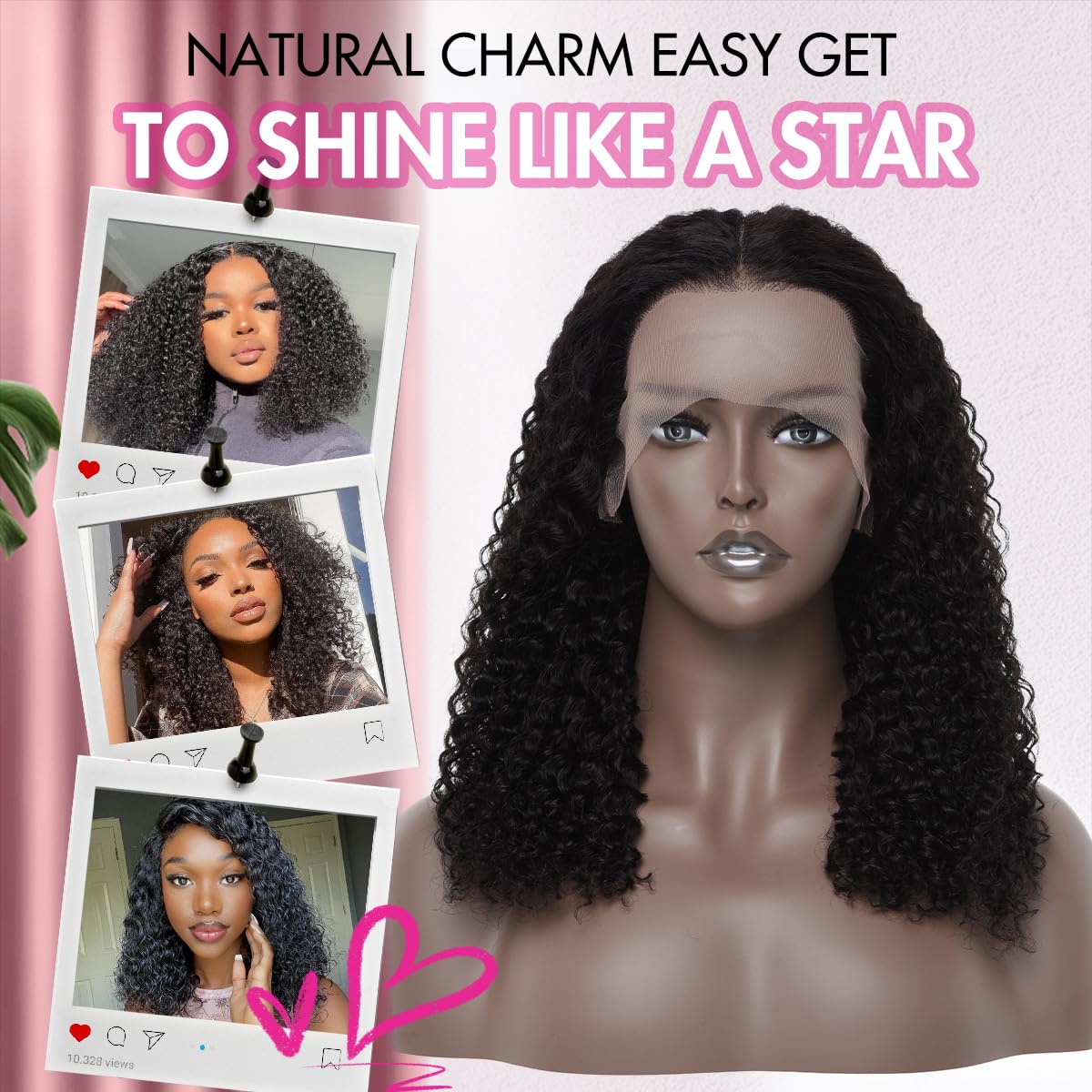 larima Short Curly Wig 200% Density 13X4 HD Lace Front Wigs Human Hair Glueless Wigs Wear and Go Pre Plucked with Baby Hair Jerry Curly Lace Front Wigs Full and Soft Natural Black Color 14 Inch