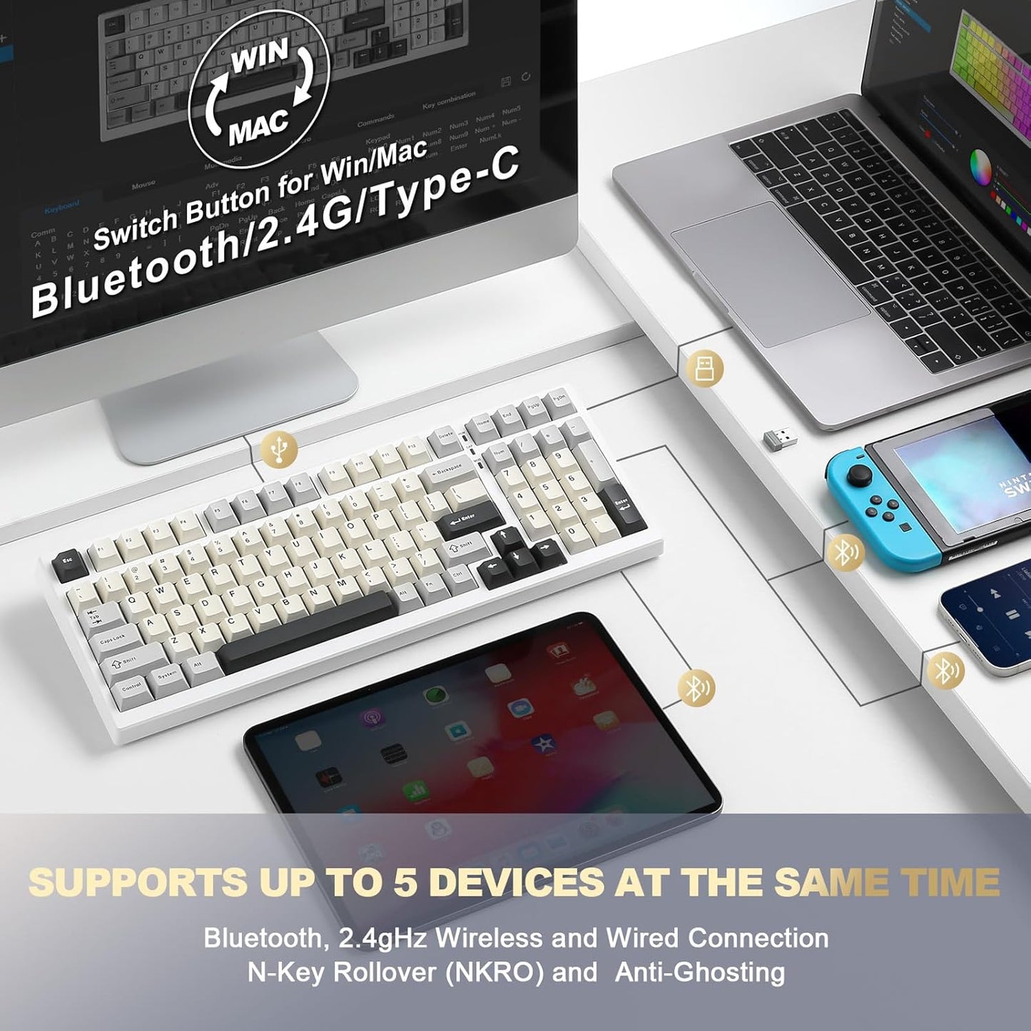 YUNZII YZ98 Gasket Mechanical Keyboard,99 Key Hot Swappable BT5.0/2.4G/USB-C Wireless NKRO 98% 1800 Layout with RGB LED Backlit for Linux/Win/Mac(Black, Cocoa Cream V2 Switch)
