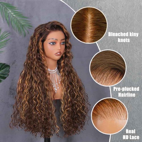 34 Inch Highlight Curly Wig Human Hair 9x6 Deep Wave HD Lace Front Wigs Human Hair 4/27 Colored Deep Curly Lace Frontal Wigs C Part Wig for Woman Pre Plucked with Natural Hairline 220% Density