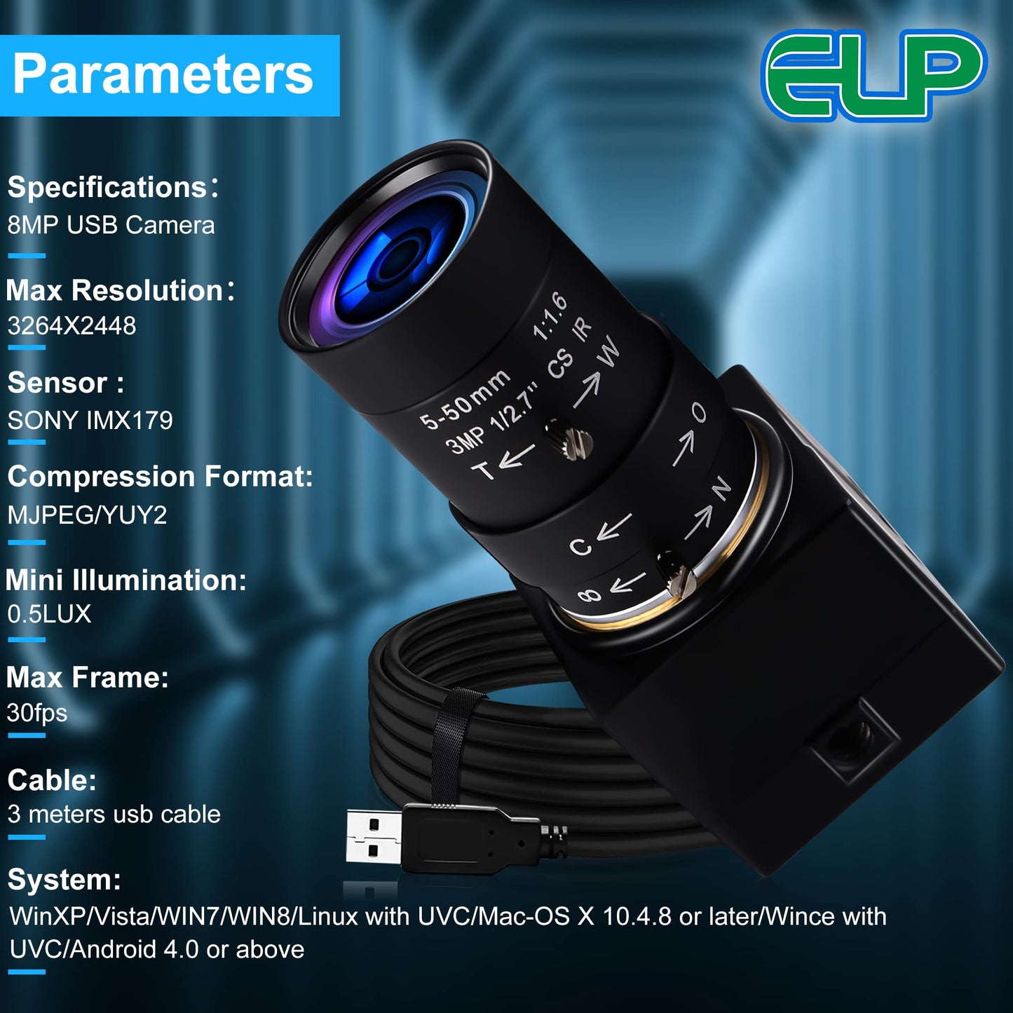8MP USB Camera Manual Zoom 5-50mm Lens Webcam Variable Focus PC Camera Mini UVC USB2.0 USB with Camera for Computer IMX179 Close-up Camera Varifocal Web Camera with Zoom for Raspberry Pi Laptop