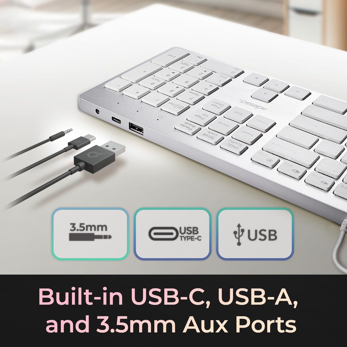 ADESSO EasyTouch 730 - USB C Multi-OS Scissor Switch Keyboard with Copilot AI Hotkey, Type C Keyboard with Hub, Built-in USB-A/C Ports and 3.5mm Aux - Quiet, Slim Design AKB-730UW