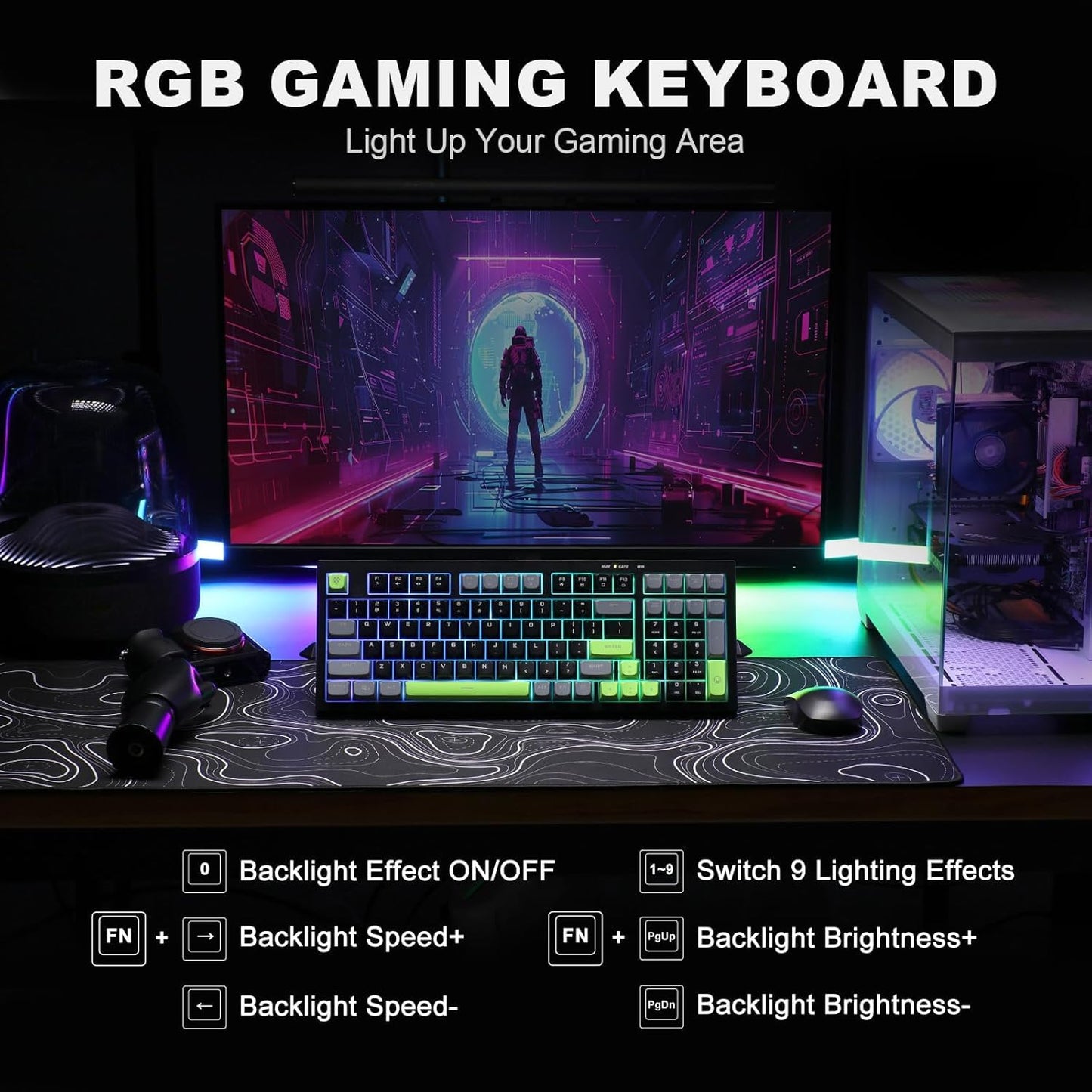 YUNZII D98 Membrane Gaming Keyboard,RGB Backlit,Full Numpad,Spill Resistance,Anti-ghosting,USB Wired,98 Keys for PC Gaming Office(Black&Green)