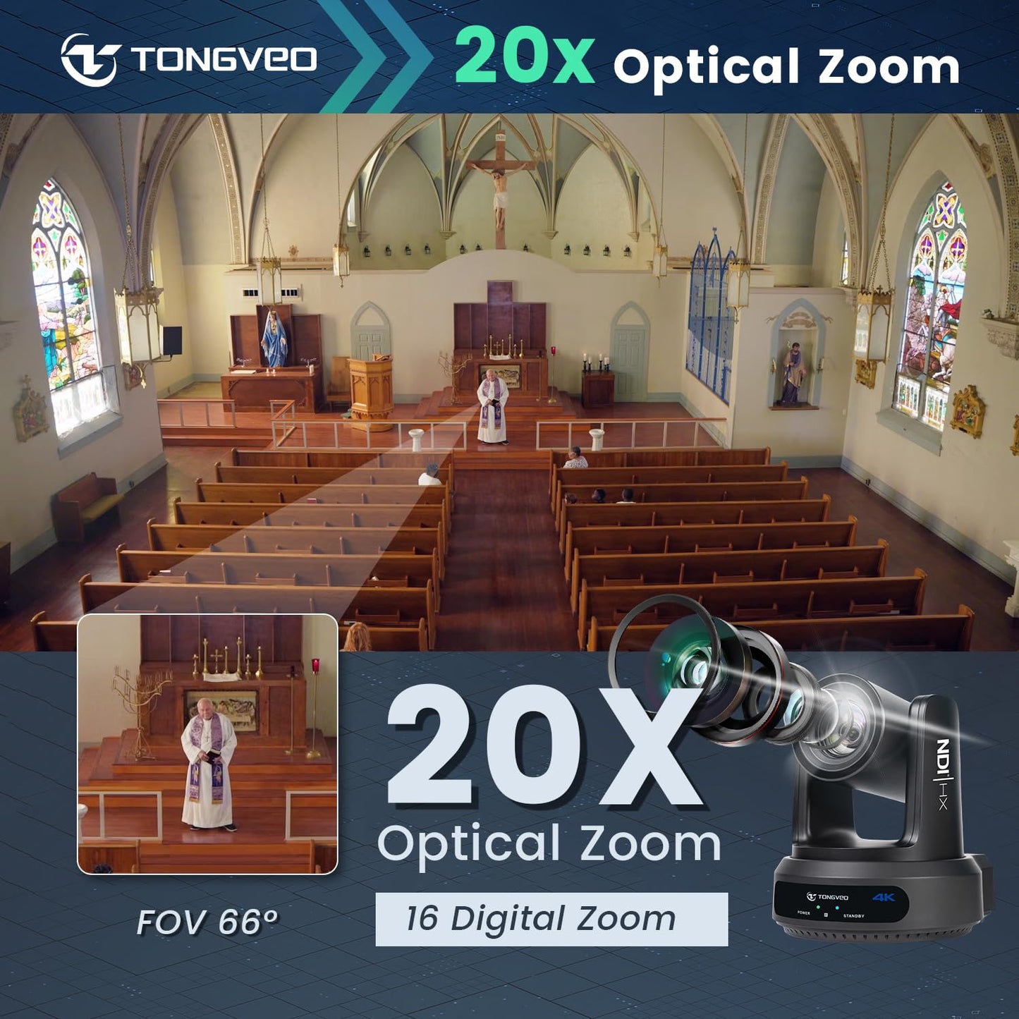 4K NDI PTZ Camera 60FPS, 4KP60 AI Auto-Tracking 20X Optical Zoom Video Conference Camera 1/1.8 UHD CMOS 8.42MP with USB 3G-SDI HDMI LAN Outputs POE Live Streaming for Church Worship Conference Events