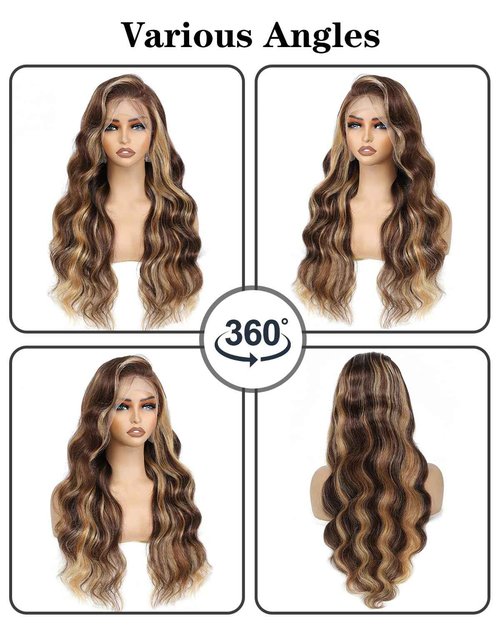 FASHION VILA Ombre Lace Front Wig - Human Hair, 13x4 Body Wave, 4/27 Highlight, Honey Blonde, 180% Density (18 inch)