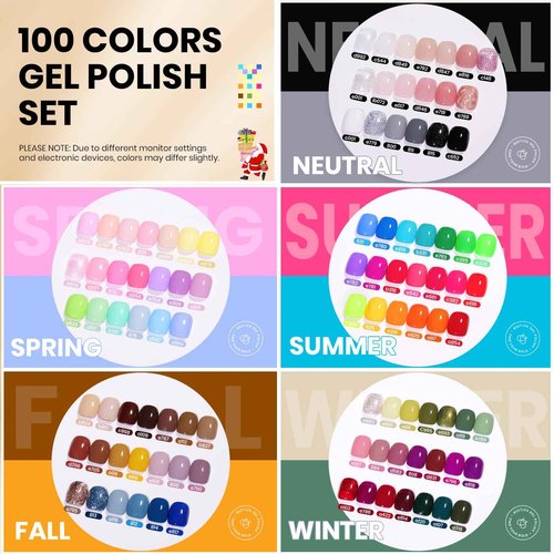 Beetles 110 PCS Gel Nail Polish Set, 100 Colors Infinite Inspiration Gift Spree All Season Red Brown Green Black Gel Polish with 5Pcs Base Top Coat Soak off UV Gel for Manicure Lovers DIY at Home