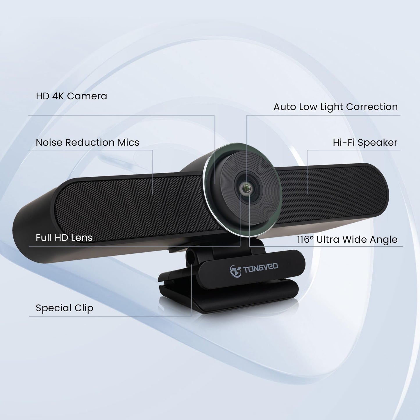 4K Webcam Conference Call TV Room Web Camera with Dual Microphones &Speaker, | All-in-One USB Video Camera, 116° Wide Angle, AI Auto Framing | Compatible with Zoom, OBS