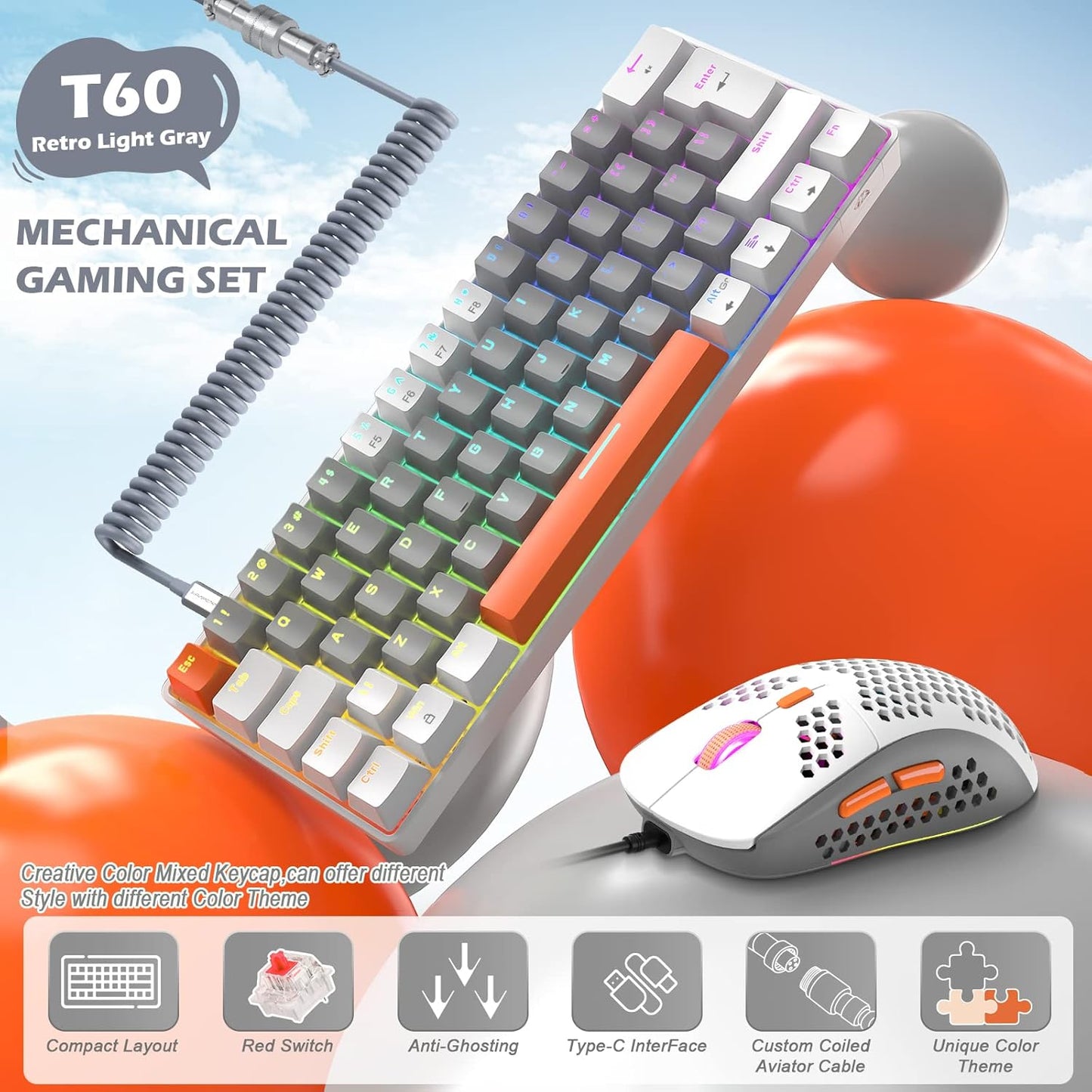ZIYOU LANG RK-T60 Wired Mechanical Gaming Keyboard and Mouse Combo Portable with Rainbow Backlit 62Key NKRO 6400DPI RGB Honeycomb Mice Coiled Aviator Cable for PS4/PC/WIN Gamer(Dark Gray/Blue Switch)