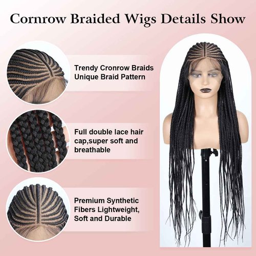 POUWENEY 36 inch Knotless Cornrow Braided Wigs for Women Single lace Corn Box Braid Wig With Baby Hair
