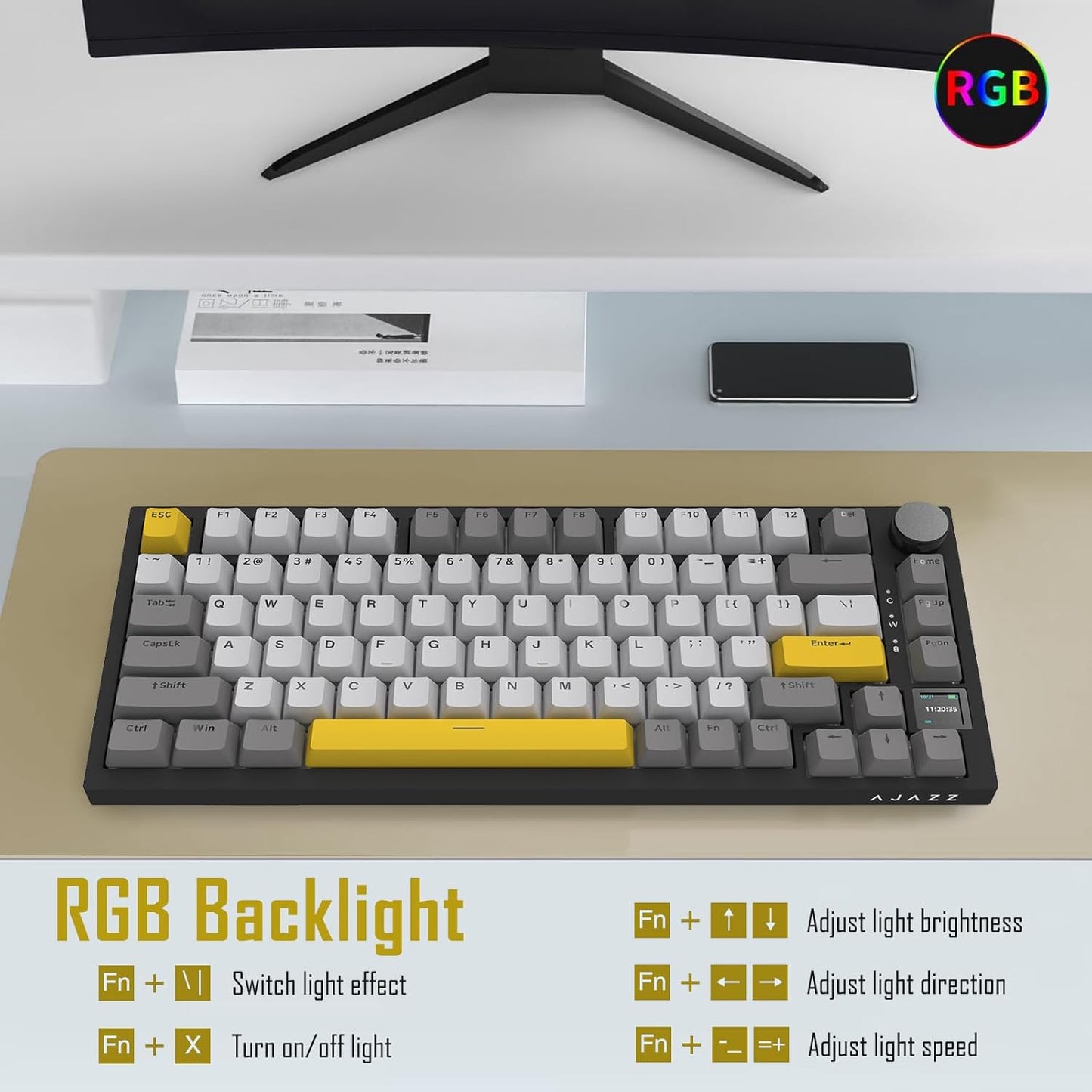 AJAZZ AK820 Pro 75% Gasket RGB Wireless Mechanical Keyboard with TFT Screen, Volume knob, Bluetooth/2.4G/Wired 3-Modes, Compact 82 Hot-Swap Keys, Tricolor PBT Keycap, 4000 mAh (Gray&Yellow 3-Modes)