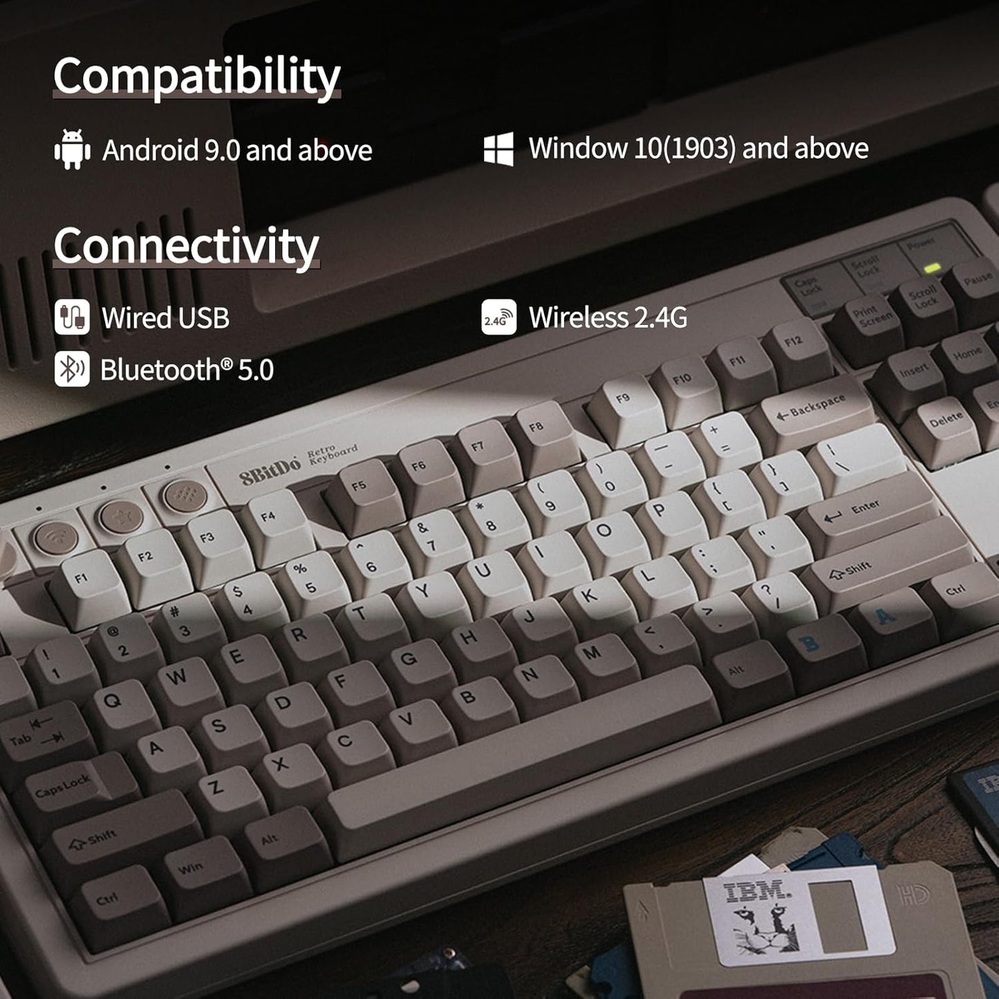AKNES 8BitDo Retro 108 Mechanical Keyboard, Hot Swappable Gaming Keyboard with 108 Keys&Integrated Numpad, Dual Super Buttons, Bluetooth/2.4G/USB-C Keyboard for Windows & Android - N Edition